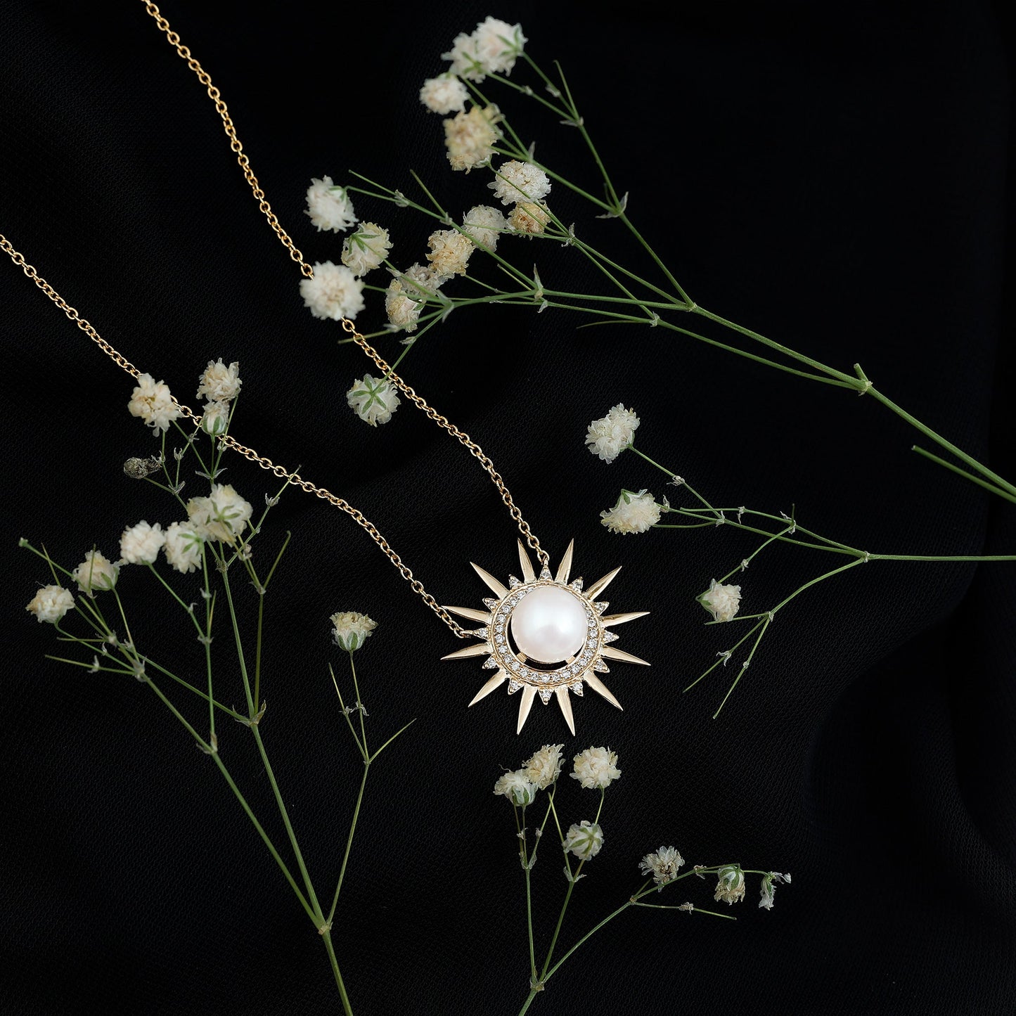Natural Freshwater Pearl and Diamond Sunburst Pendant Necklace