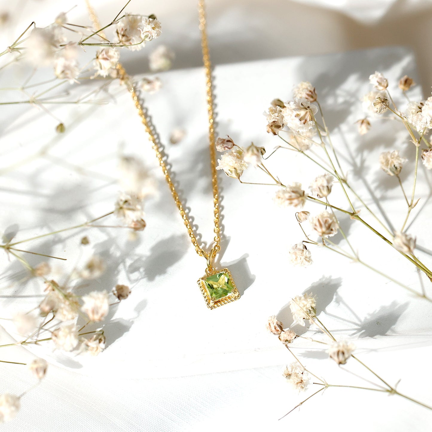 Genuine Princess Cut Peridot Pendant Necklace With Silver Chain