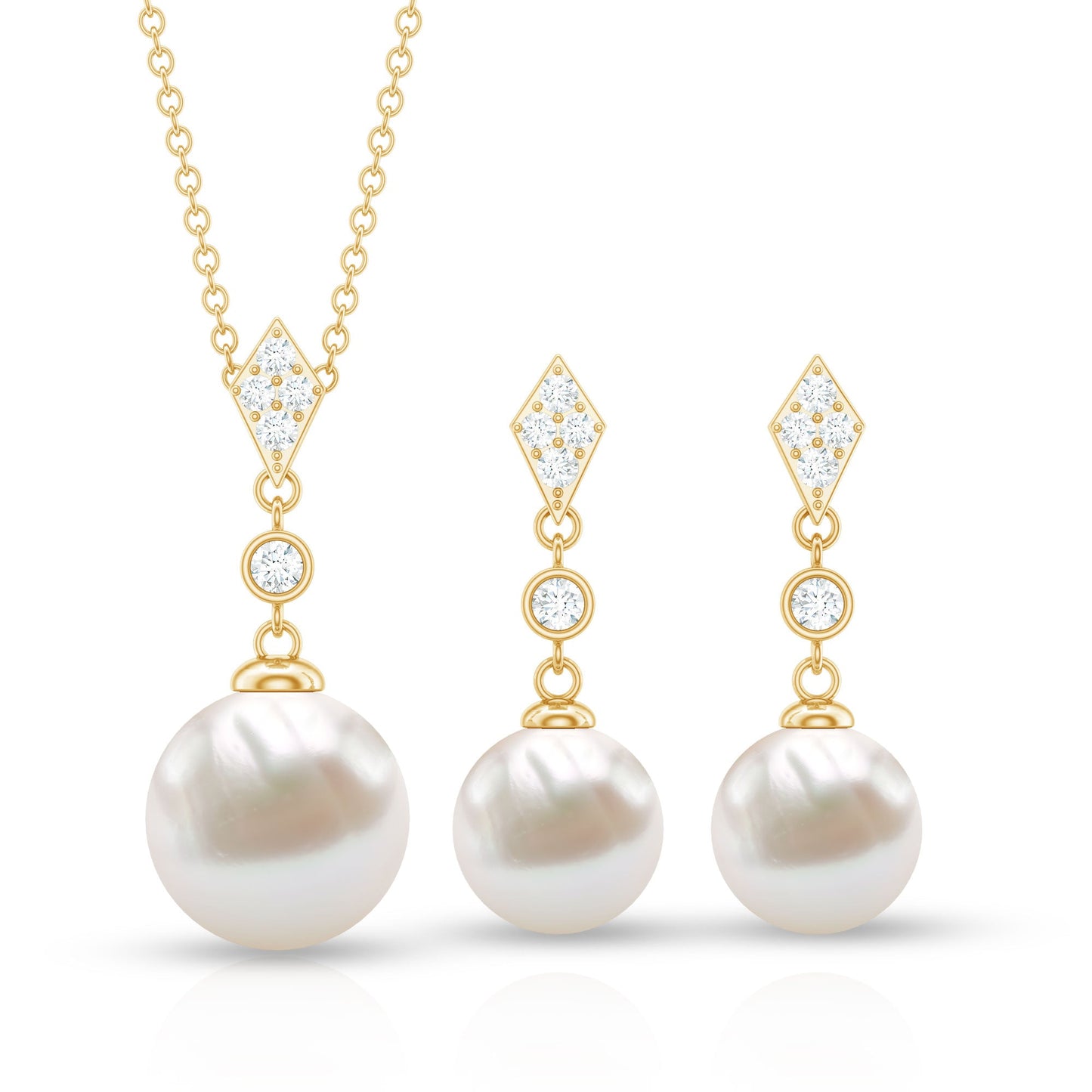 Freshwater Pearl Simple Dangle Drop Pendant and Earrings Set with Diamond
