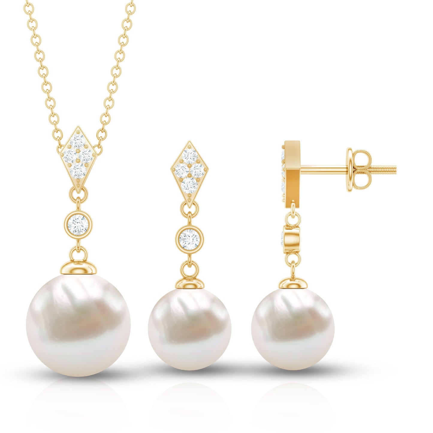 Freshwater Pearl Simple Dangle Drop Pendant and Earrings Set with Diamond