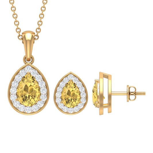 Natural Citrine Teardrop Necklace and Earrings Set with Diamond Halo
