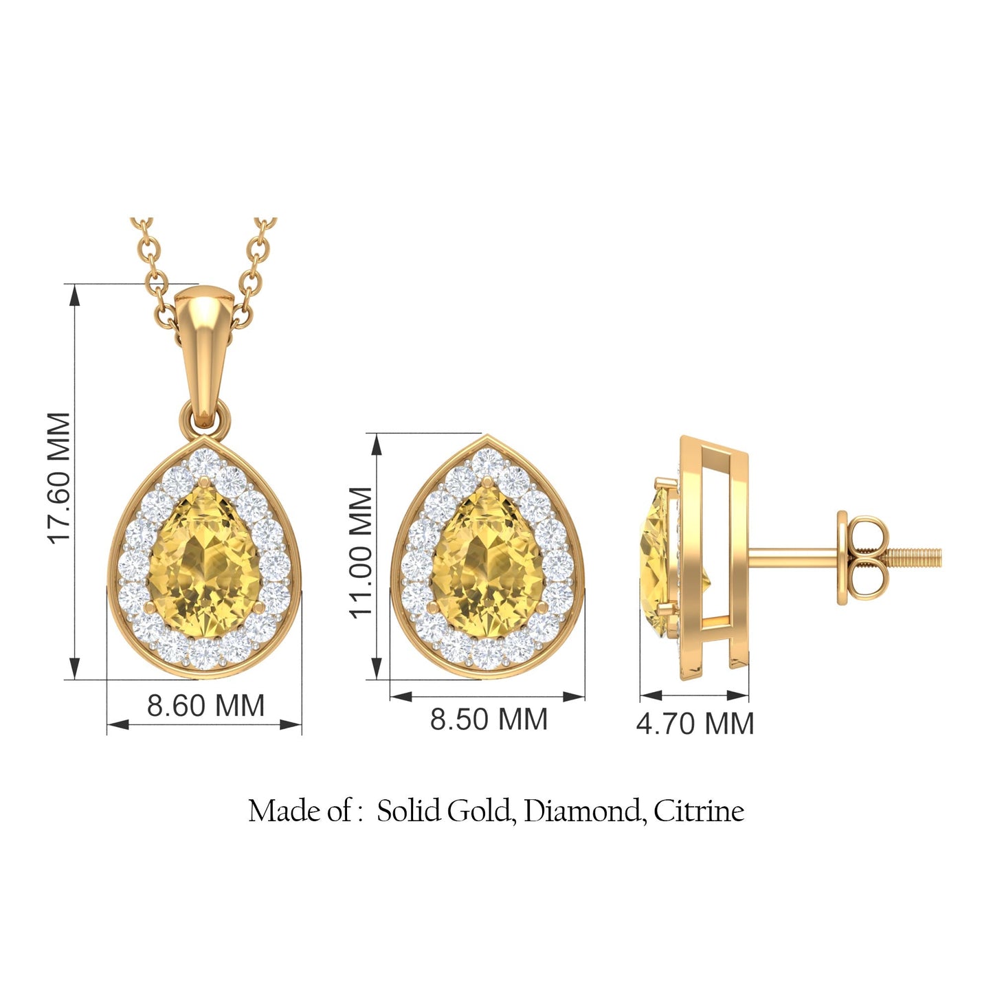 Natural Citrine Teardrop Necklace and Earrings Set with Diamond Halo