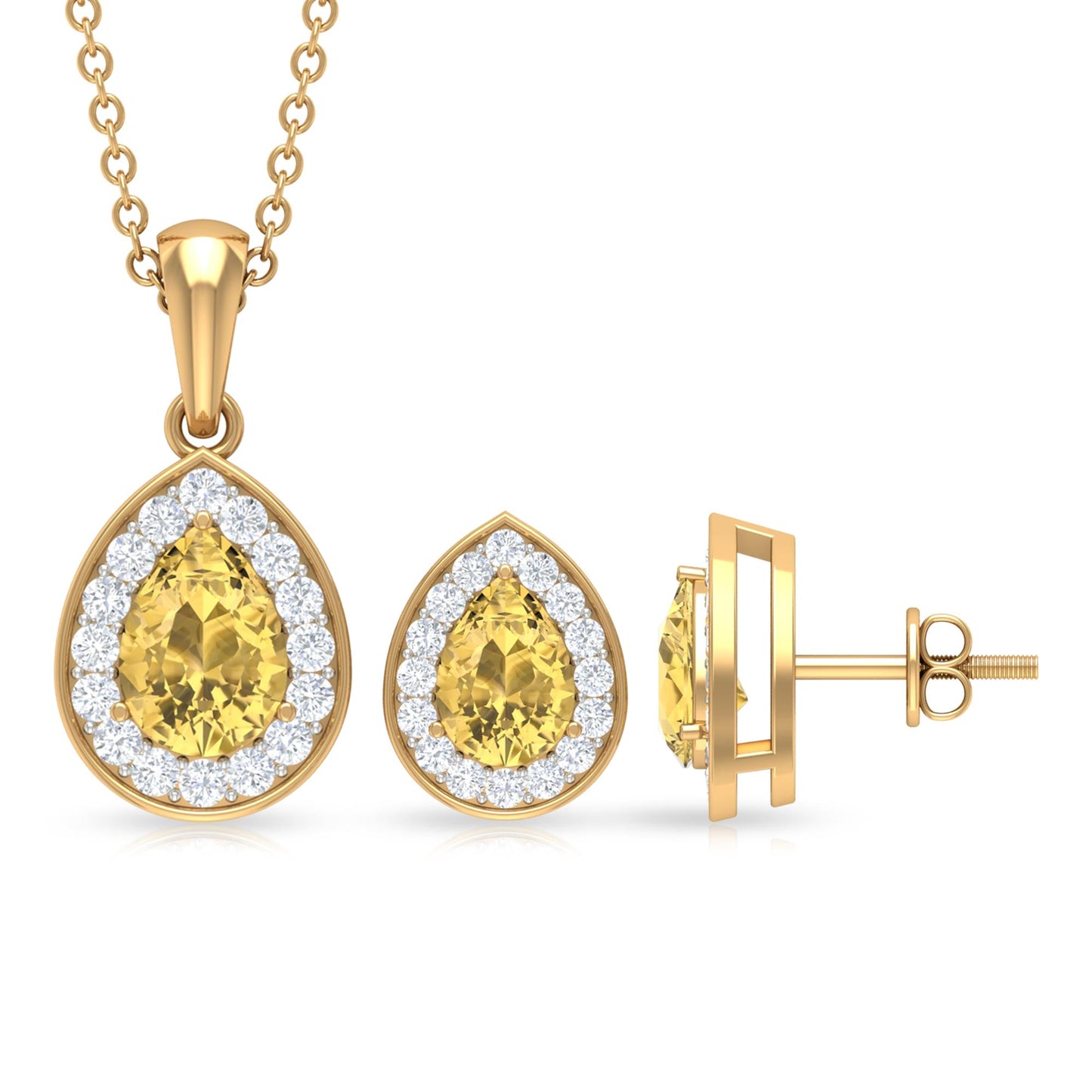 Natural Citrine Teardrop Necklace and Earrings Set with Diamond Halo
