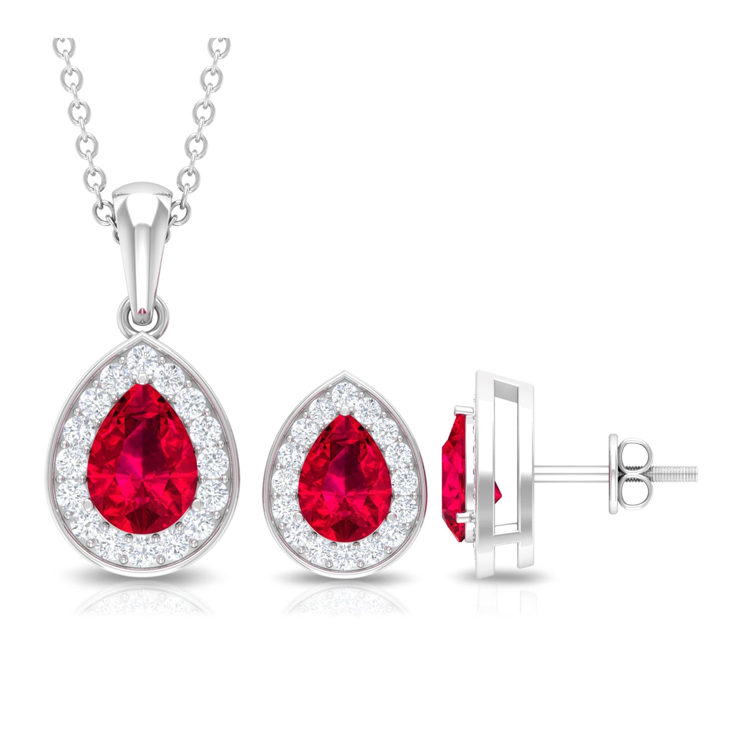 Lab Created Ruby Teardrop Jewelry Set with Moissanite Halo