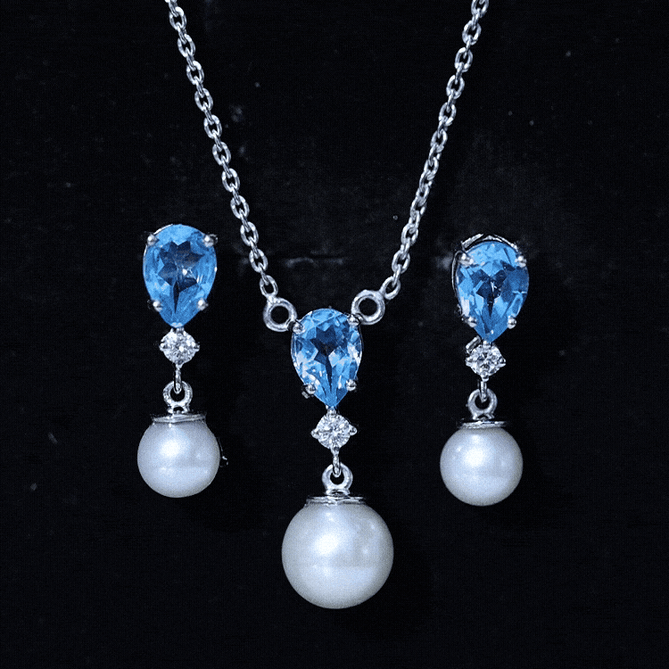 Swiss Blue Topaz and Diamond Jewelry Set with Freshwater Pearl Drop