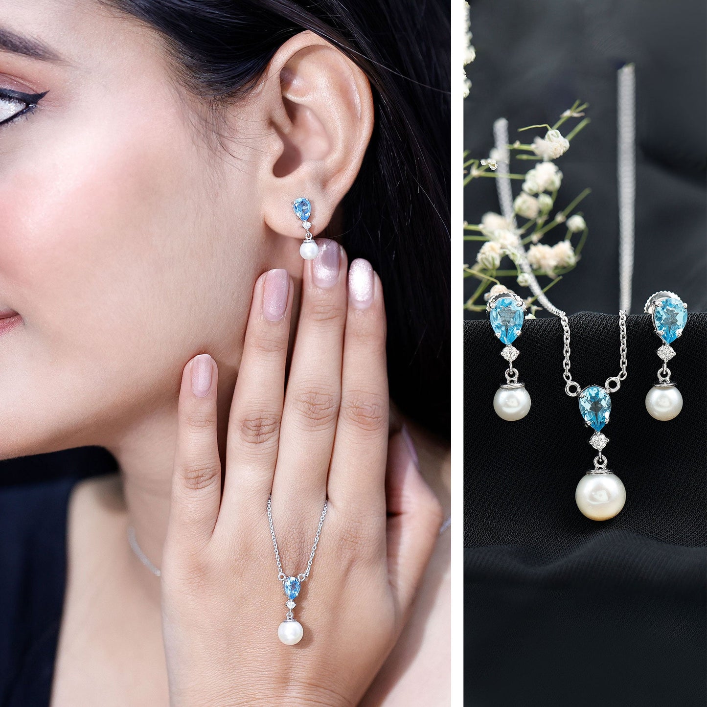 Swiss Blue Topaz and Diamond Jewelry Set with Freshwater Pearl Drop