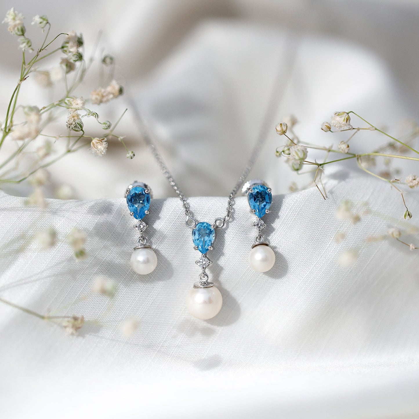 Swiss Blue Topaz and Diamond Jewelry Set with Freshwater Pearl Drop