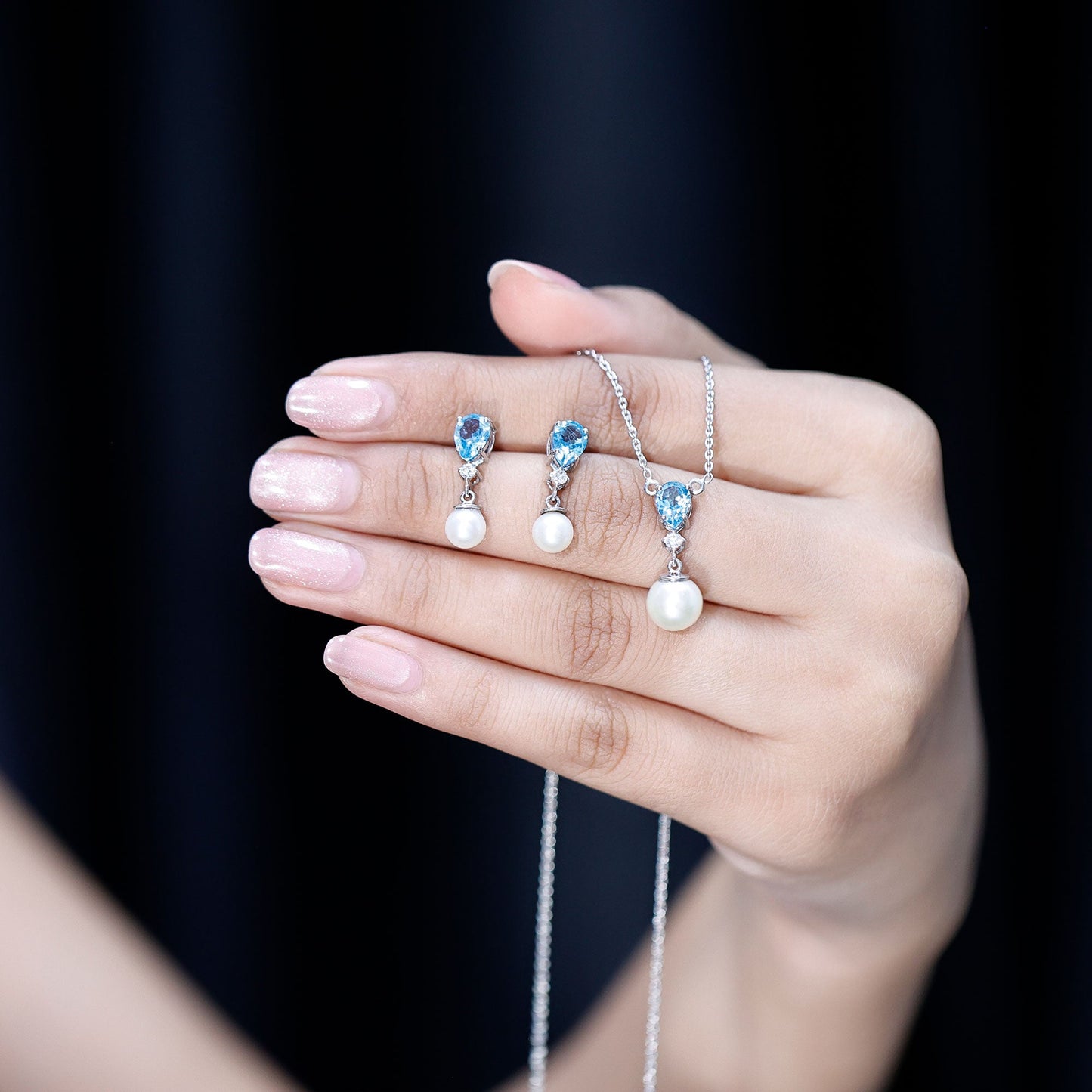 Swiss Blue Topaz and Diamond Jewelry Set with Freshwater Pearl Drop