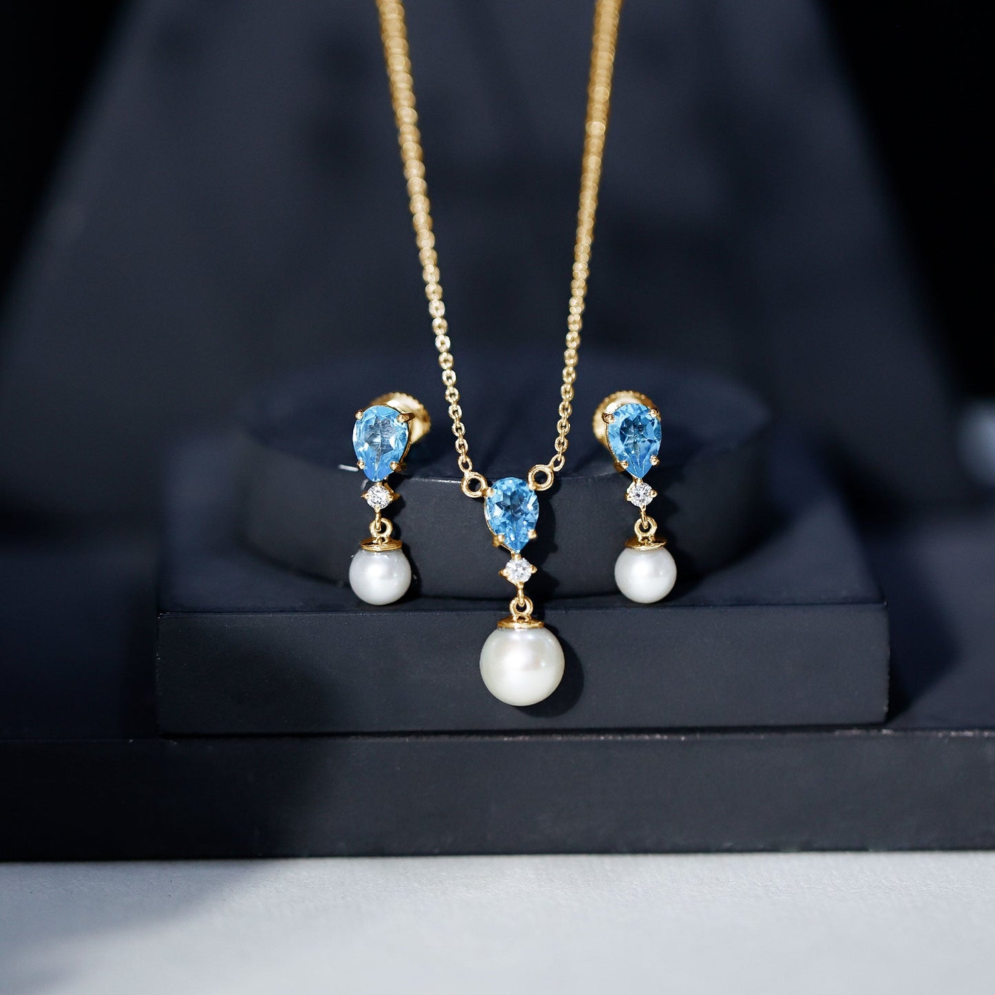 Swiss Blue Topaz and Diamond Jewelry Set with Freshwater Pearl Drop