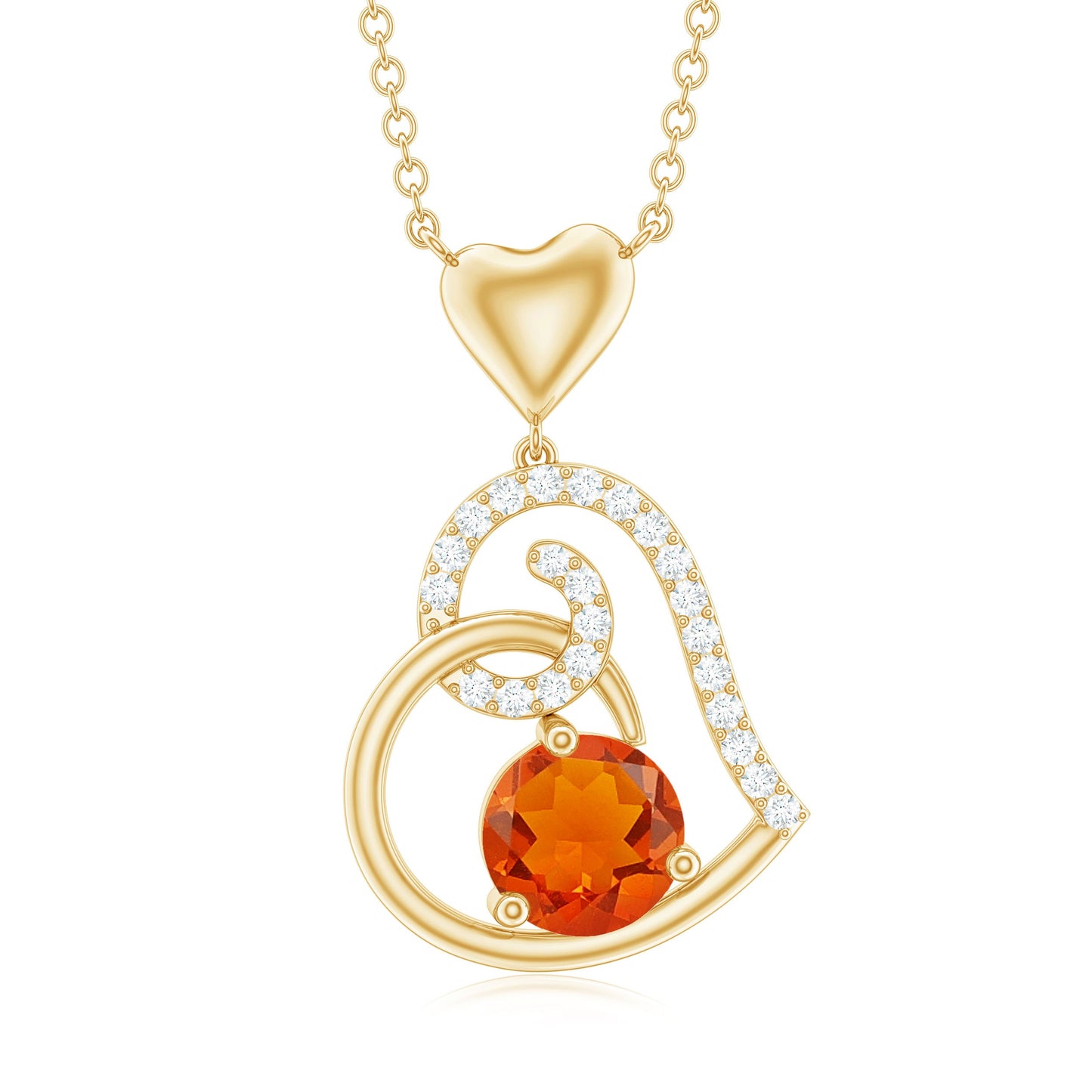 0.75 Carat Round Fire Opal and Diamond Heart Pendant Necklace