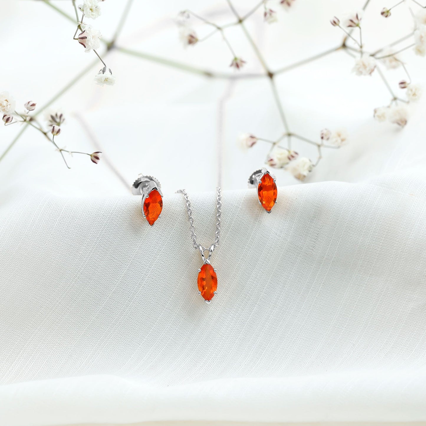 Genuine Marquise Cut Fire Opal Solitaire Necklace and Earring Set