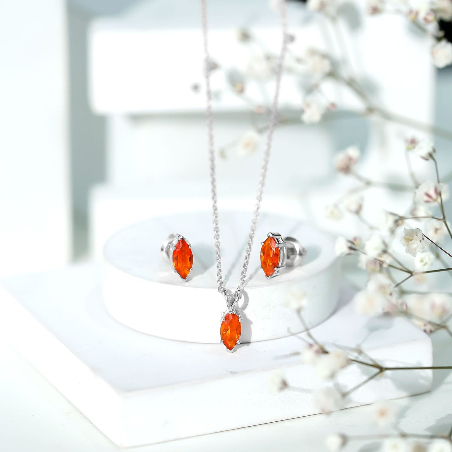 Genuine Marquise Cut Fire Opal Solitaire Necklace and Earring Set
