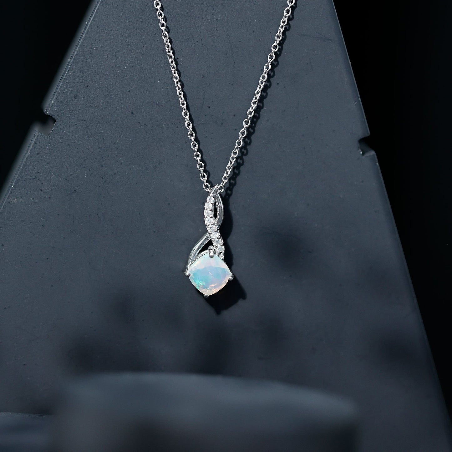 1.87 Carat Cushion Cut Ethiopian Opal Infinity Pendant with Silver Chain