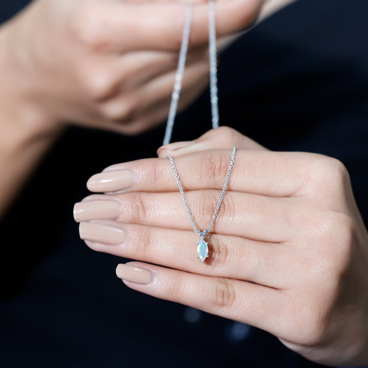 Marquise Cut 0.5 Carat Ethiopian Opal Solitaire Necklace with Silver Chain