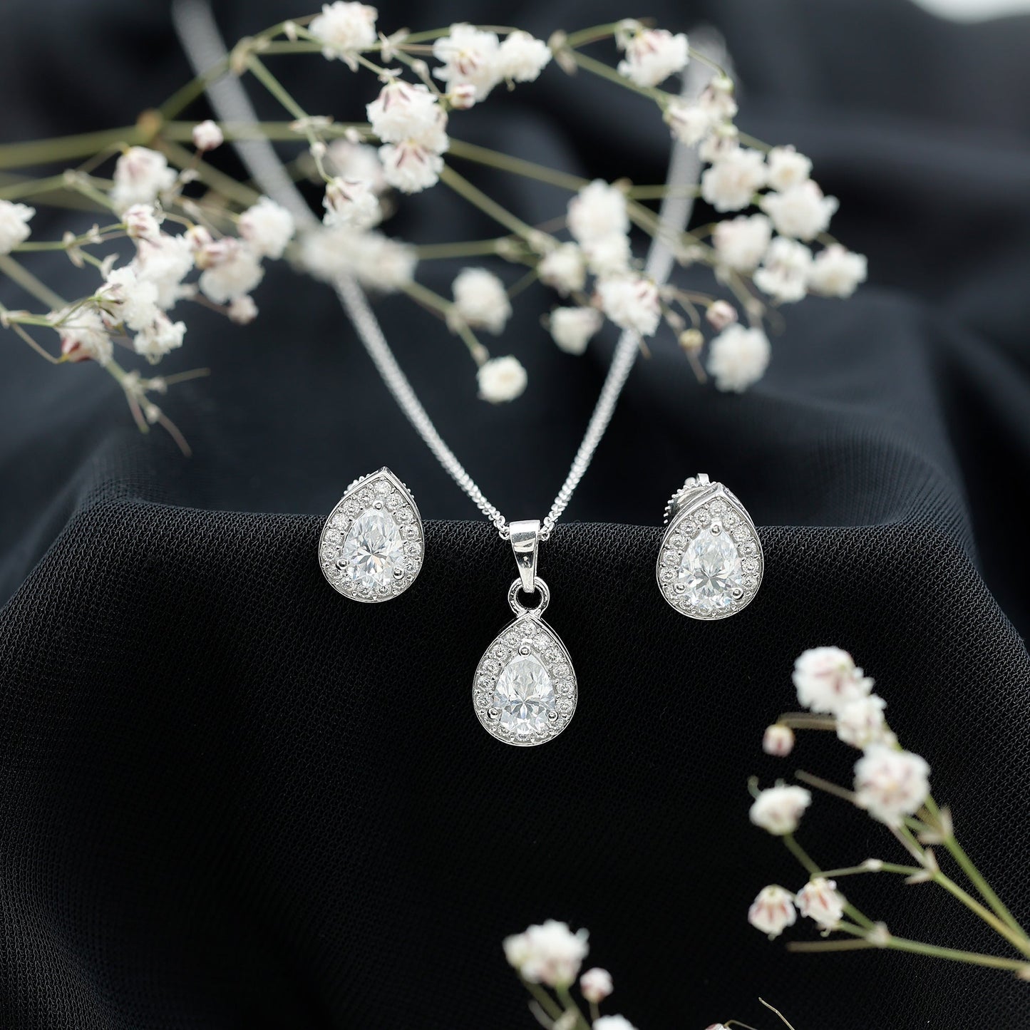 Sterling Silver Moissanite Teardrop Necklace and Earrings Set