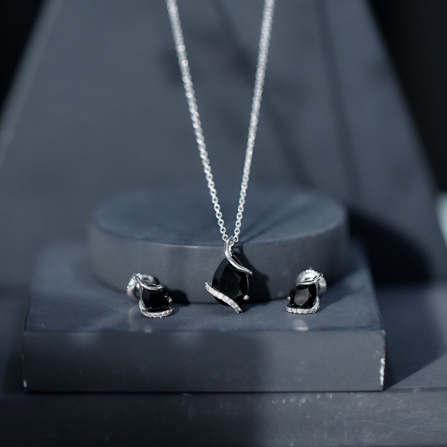 Pear Shaped Black Spinel and Moissanite Teardrop Necklace Earrings Set