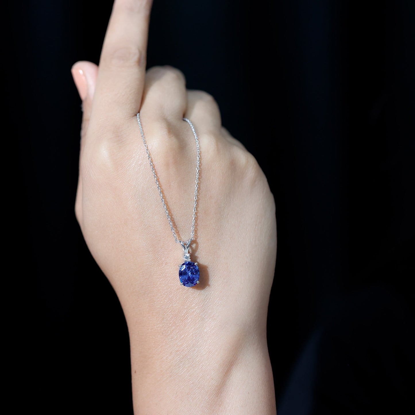 Certified Oval Lab Created Blue Sapphire Necklace with Chain