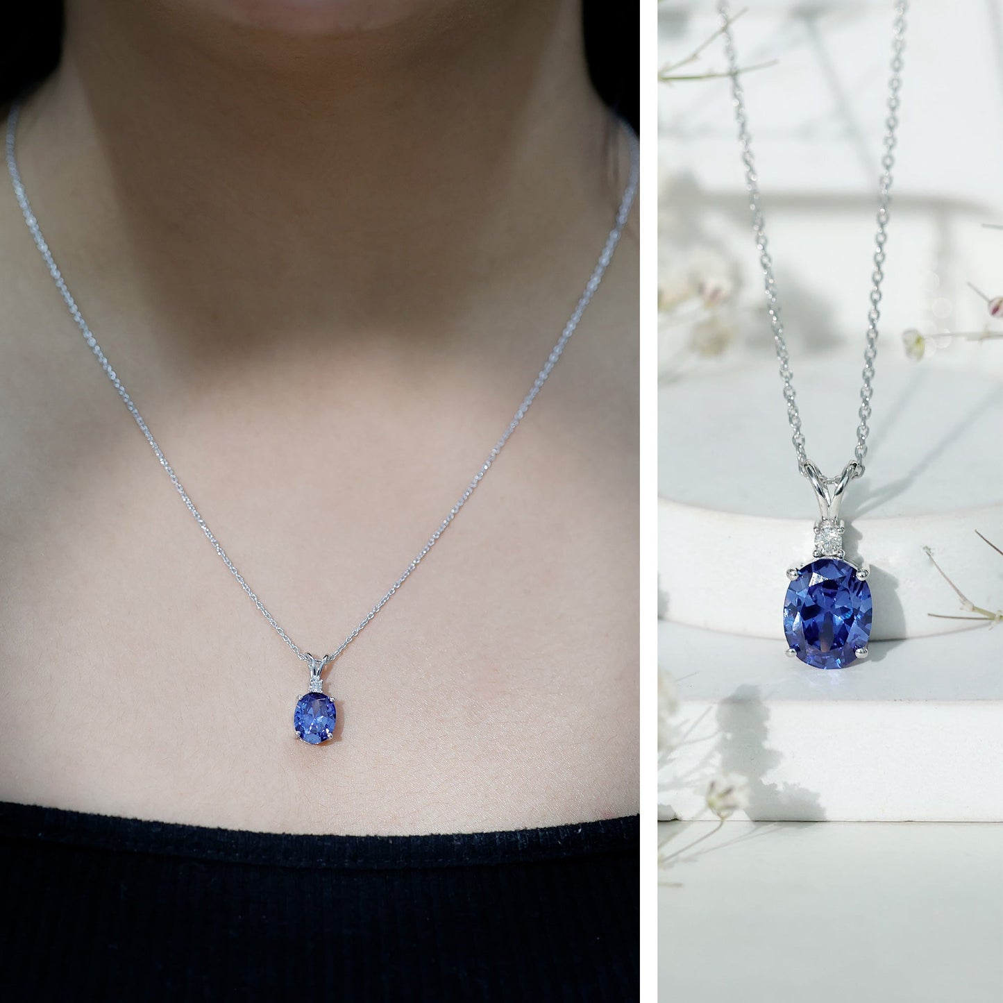 4 Carat Lab Grown Blue Sapphire Oval Cut Solitaire Necklace with Silver Chain