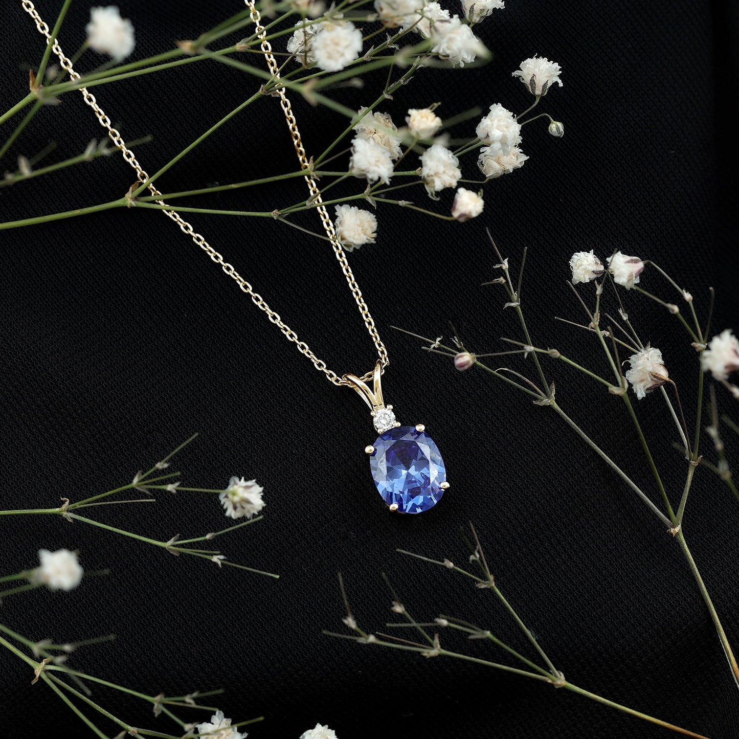 Certified Oval Lab Created Blue Sapphire Necklace with Chain
