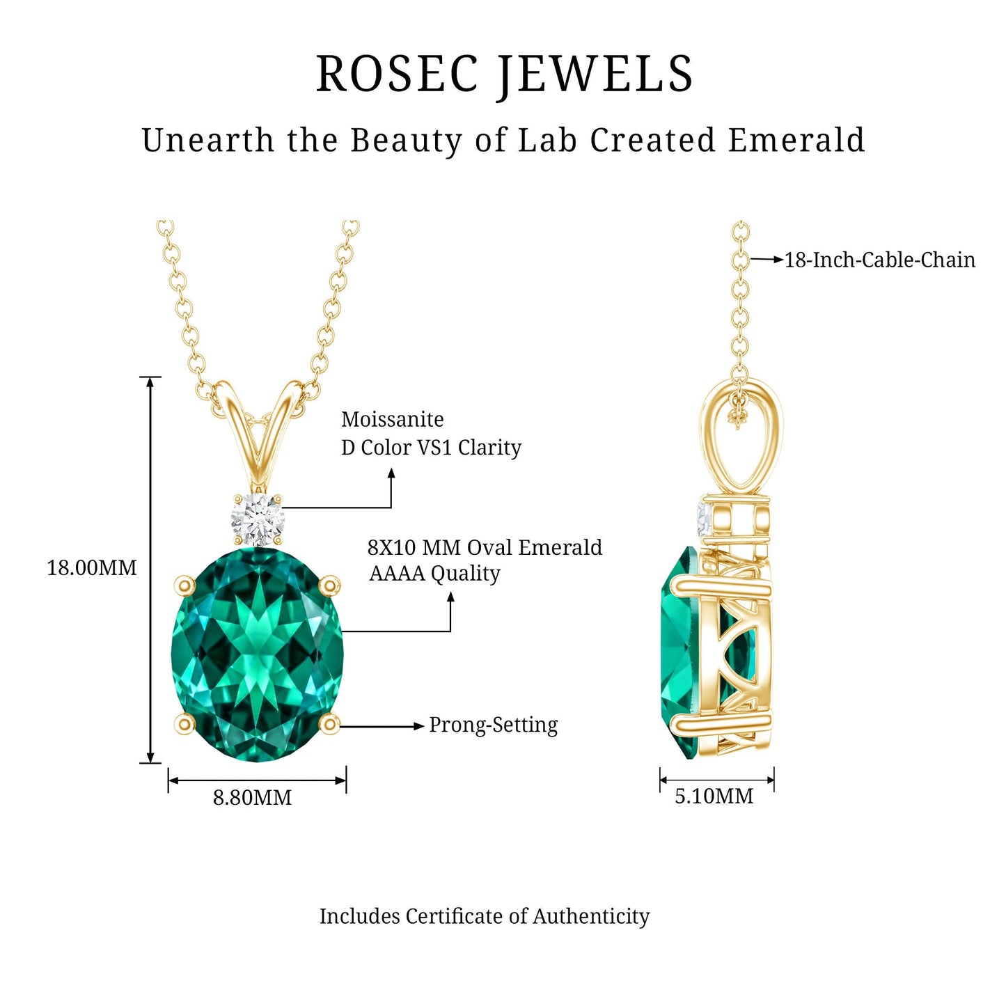Oval Created Emerald and Moissanite Solitaire Pendant