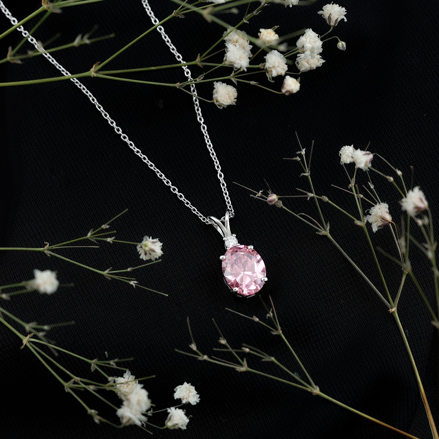Certified 4 Carat Lab Grown Pink Sapphire Oval Necklace with Silver Chain