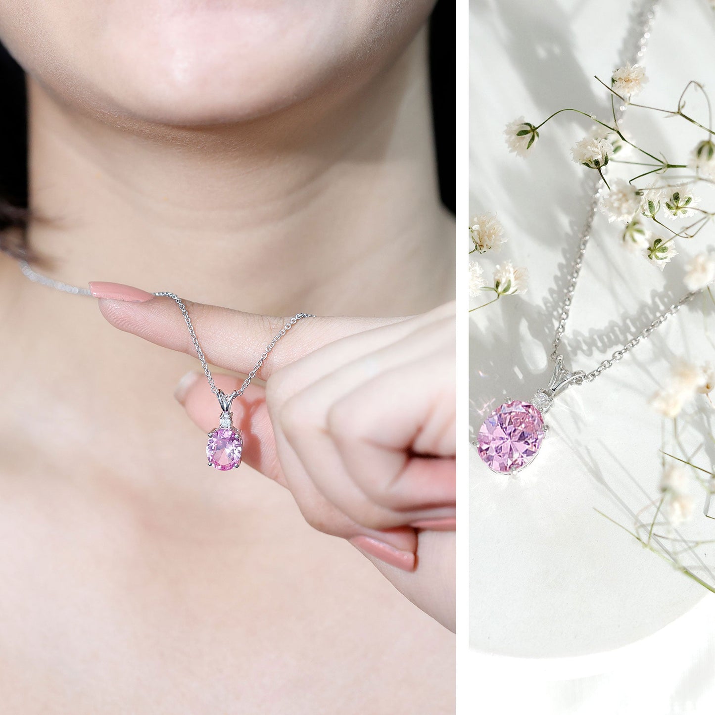 Certified 4 Carat Lab Grown Pink Sapphire Oval Necklace with Silver Chain