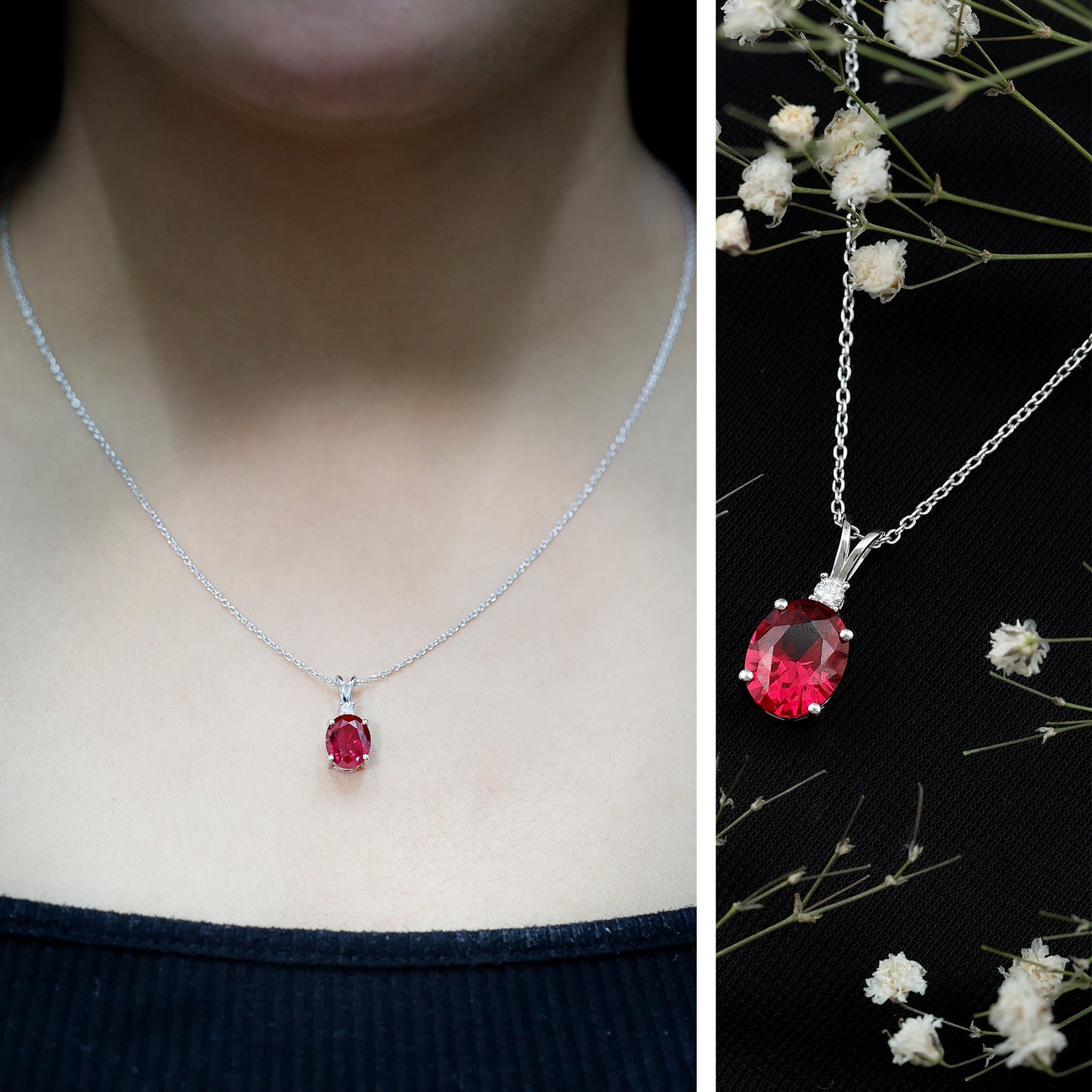 AAAA Quality 4 Carat Lab Grown Ruby Oval Necklace with Silver Chain