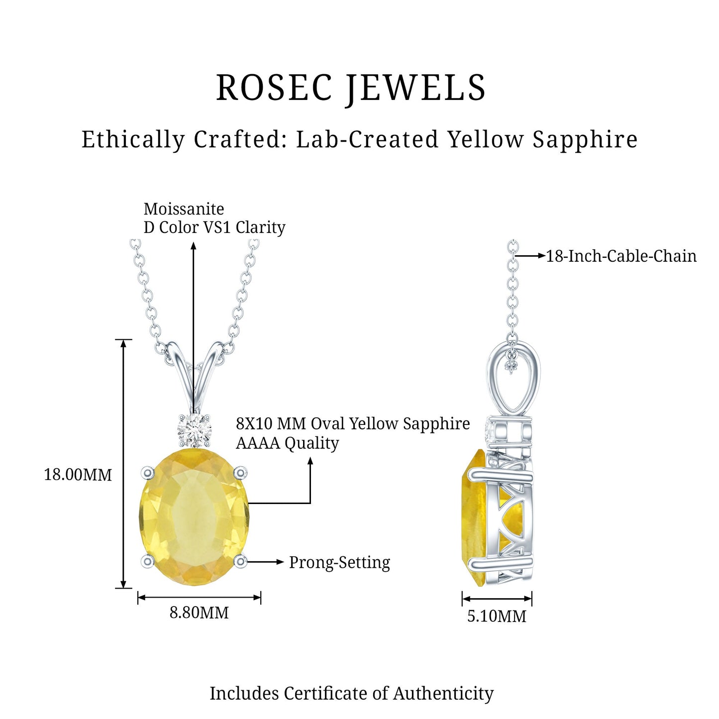 4 Carat Lab Grown Yellow Sapphire Oval Necklace with Silver Chain