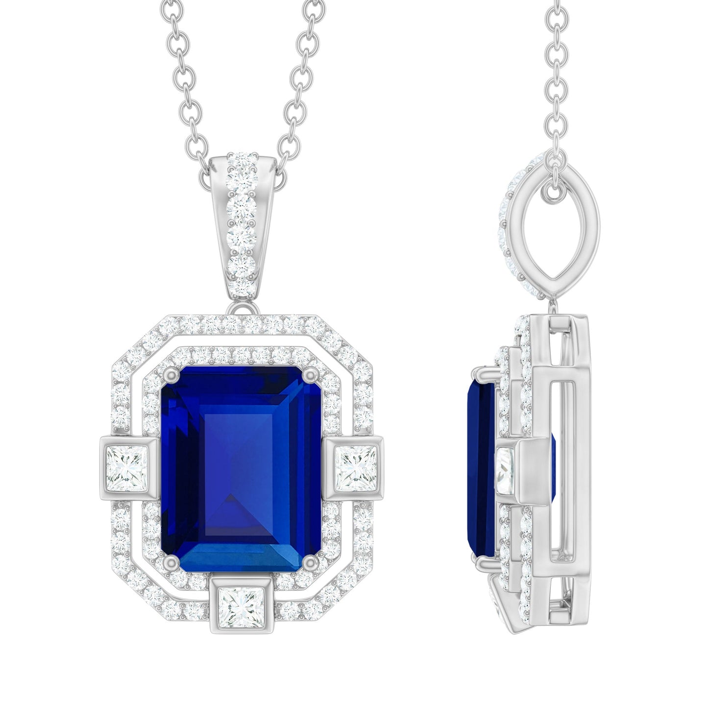 2.7 Carat Emerald Cut Lab Created Blue Sapphire Vintage Necklace with Diamond