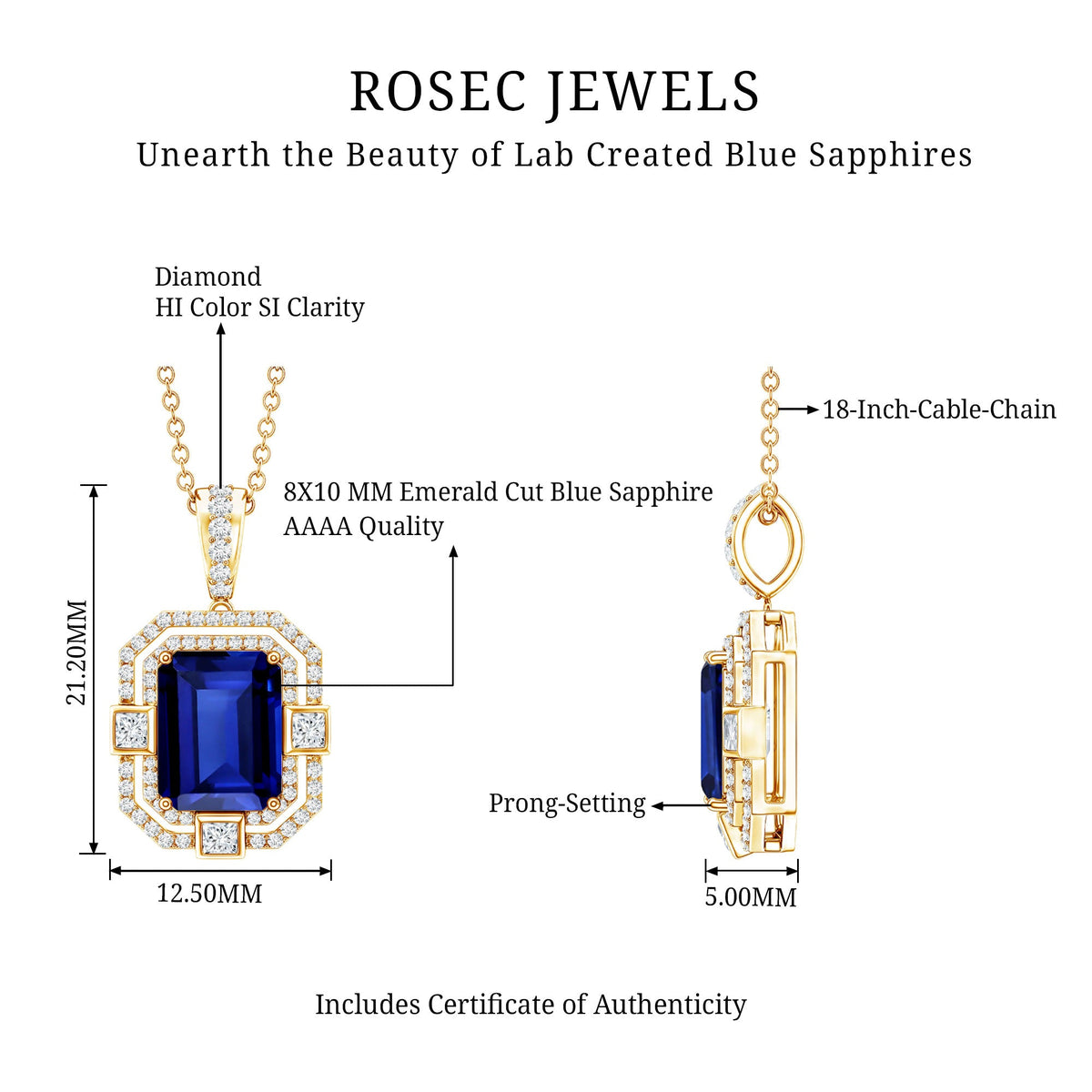 2.7 Carat Emerald Cut Lab Created Blue Sapphire Vintage Necklace with Diamond
