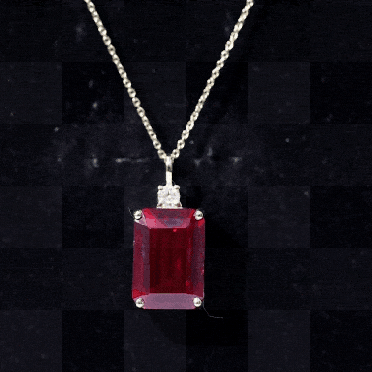 5 Carat Emerald Cut Lab Created Ruby Solitaire Pendant with Diamond