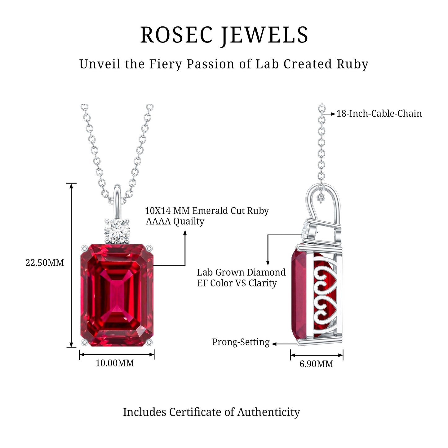5 Carat Emerald Cut Lab Created Ruby Solitaire Pendant with Diamond