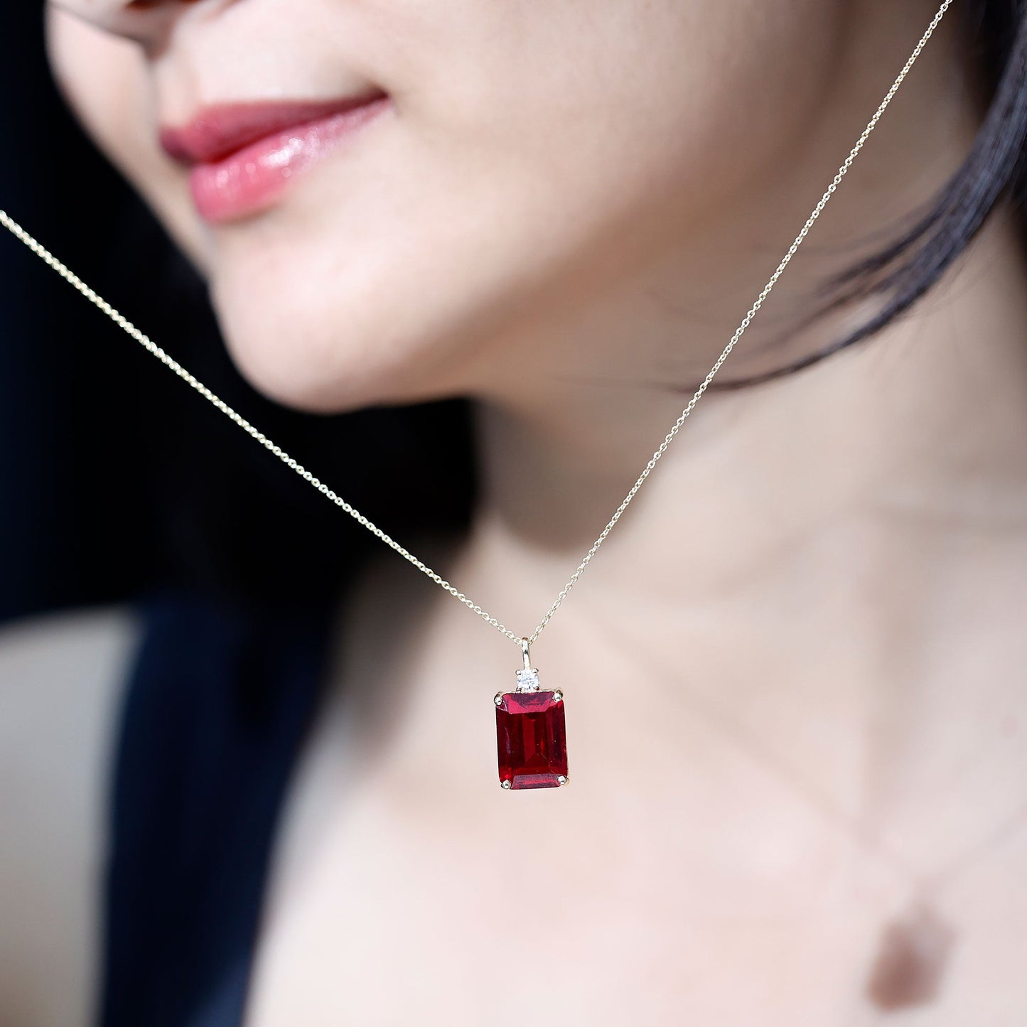 5 Carat Emerald Cut Lab Created Ruby Solitaire Pendant with Diamond