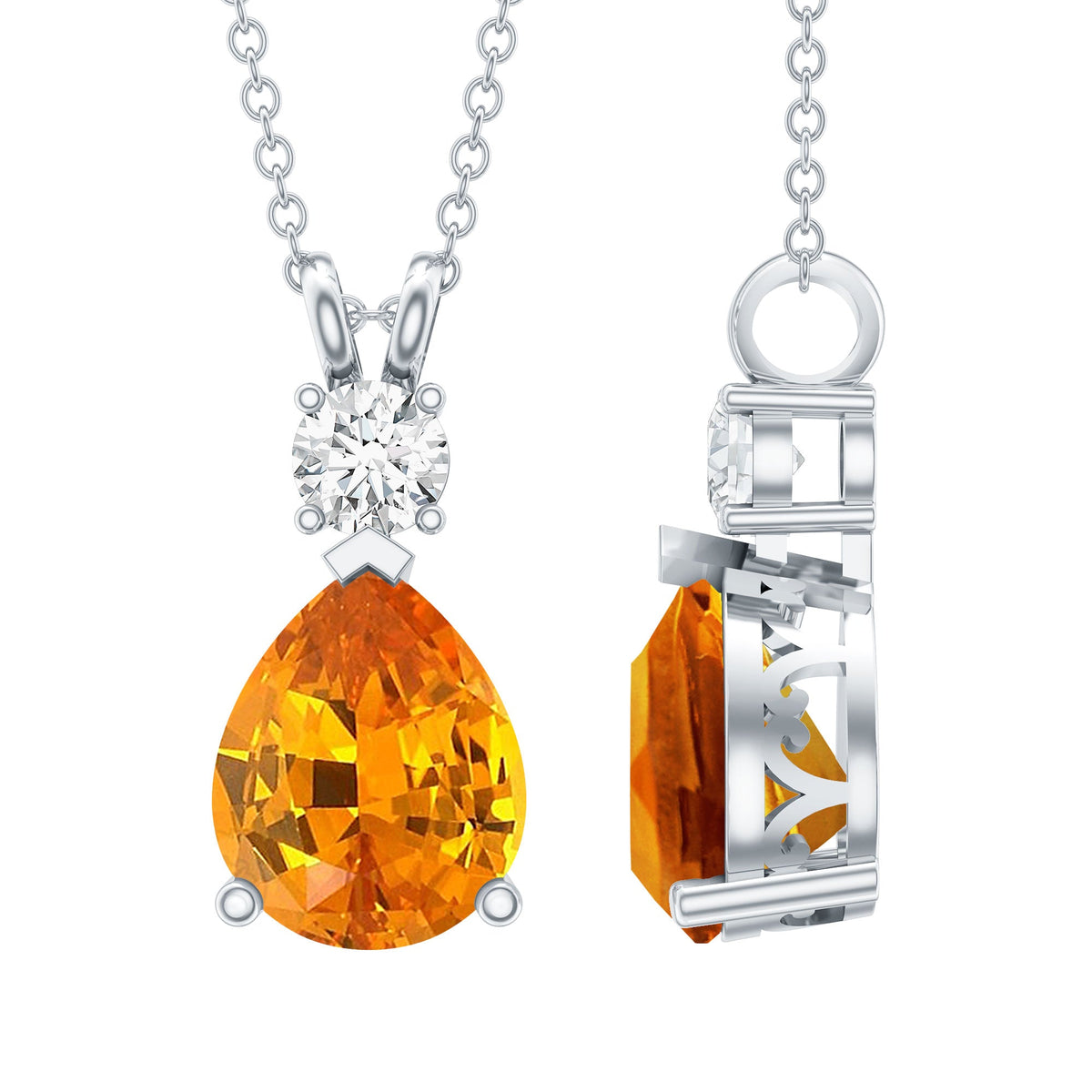 3.3 Carat Lab Created Orange Sapphire Teardrop Necklace with Diamond