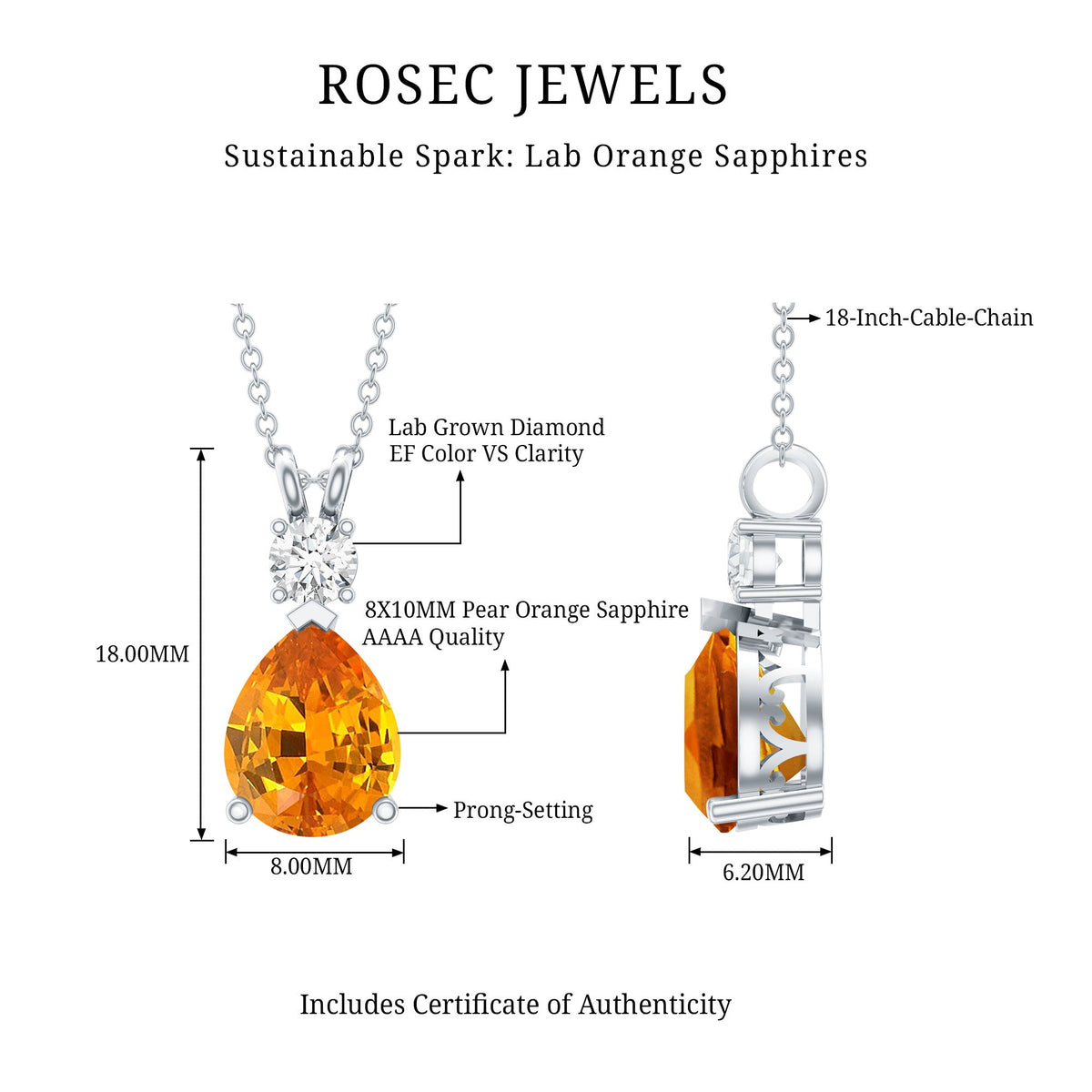 3.3 Carat Lab Created Orange Sapphire Teardrop Necklace with Diamond