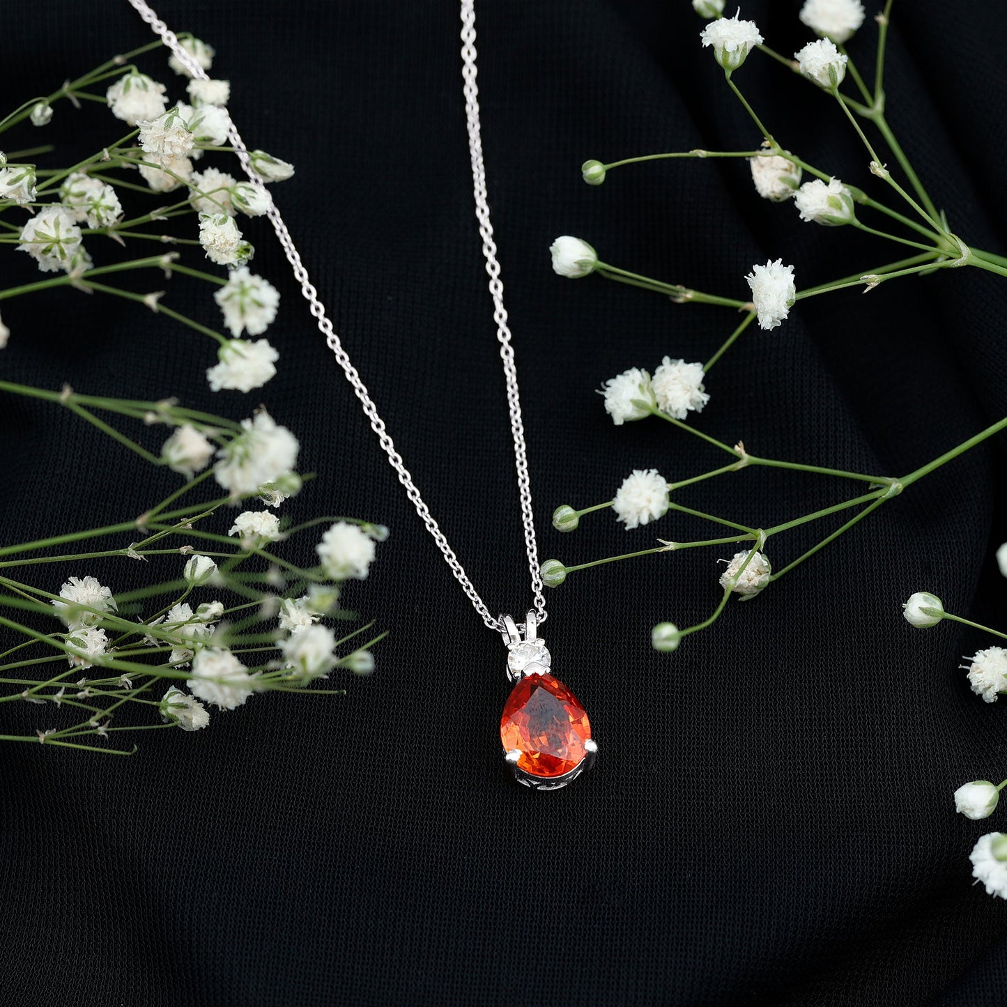 3.3 Carat Lab Created Orange Sapphire Teardrop Necklace with Diamond