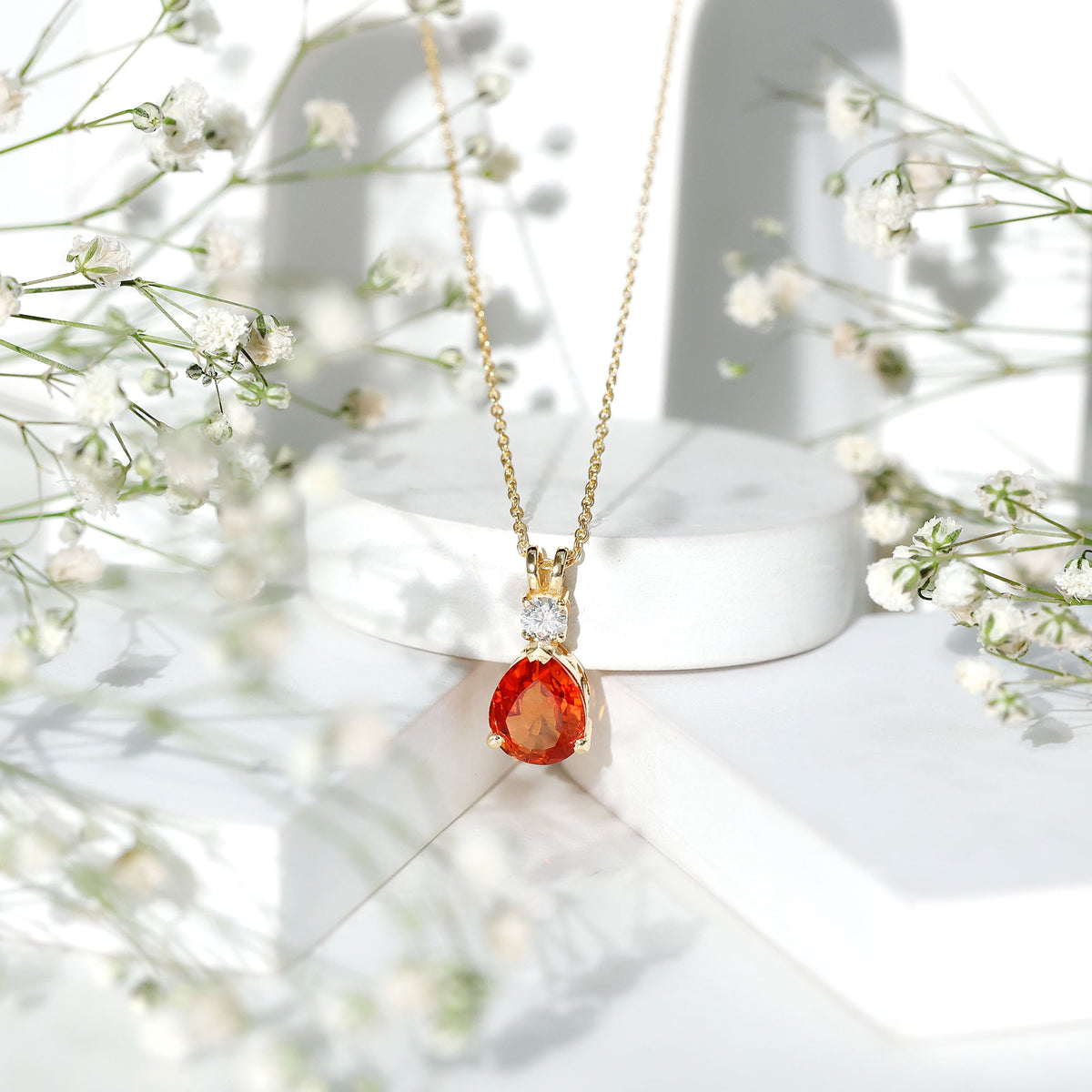 3.3 Carat Lab Created Orange Sapphire Teardrop Necklace with Diamond