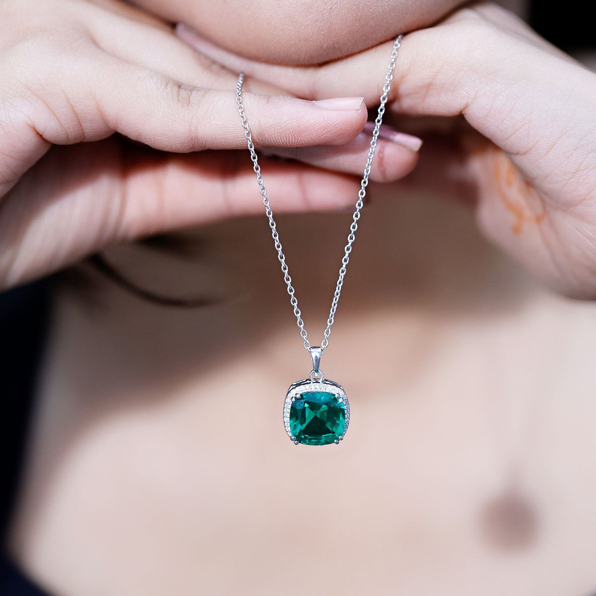 9 Carat Cushion Cut Lab Created Emerald and Diamond Cocktail Necklace