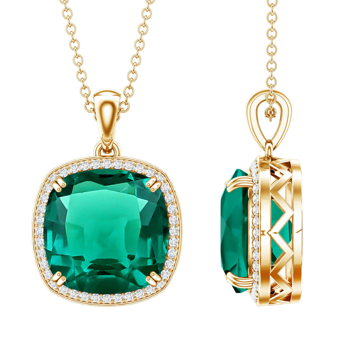 9 Carat Cushion Cut Lab Created Emerald and Diamond Cocktail Necklace