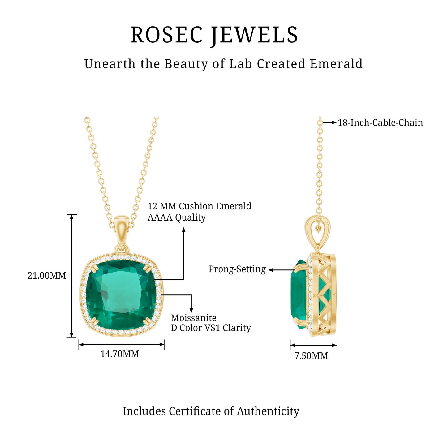 9 Carat Cushion Cut Lab Created Emerald and Diamond Cocktail Necklace