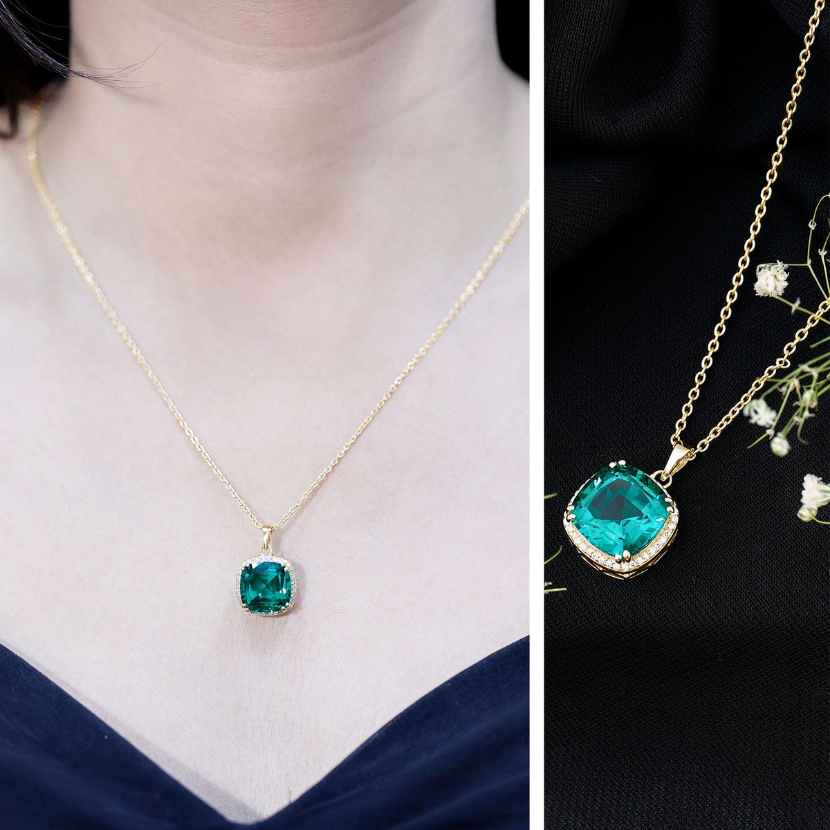 9 Carat Cushion Cut Lab Created Emerald and Diamond Cocktail Necklace