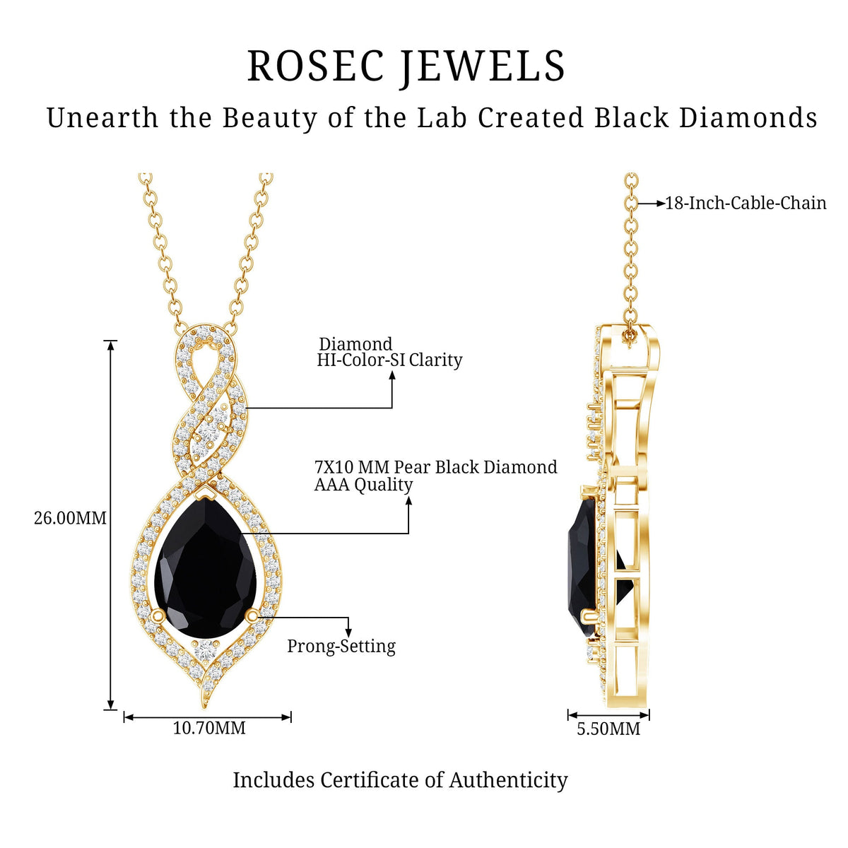 Created Black Diamond Teardrop Dangle Pendant with Diamond Accent