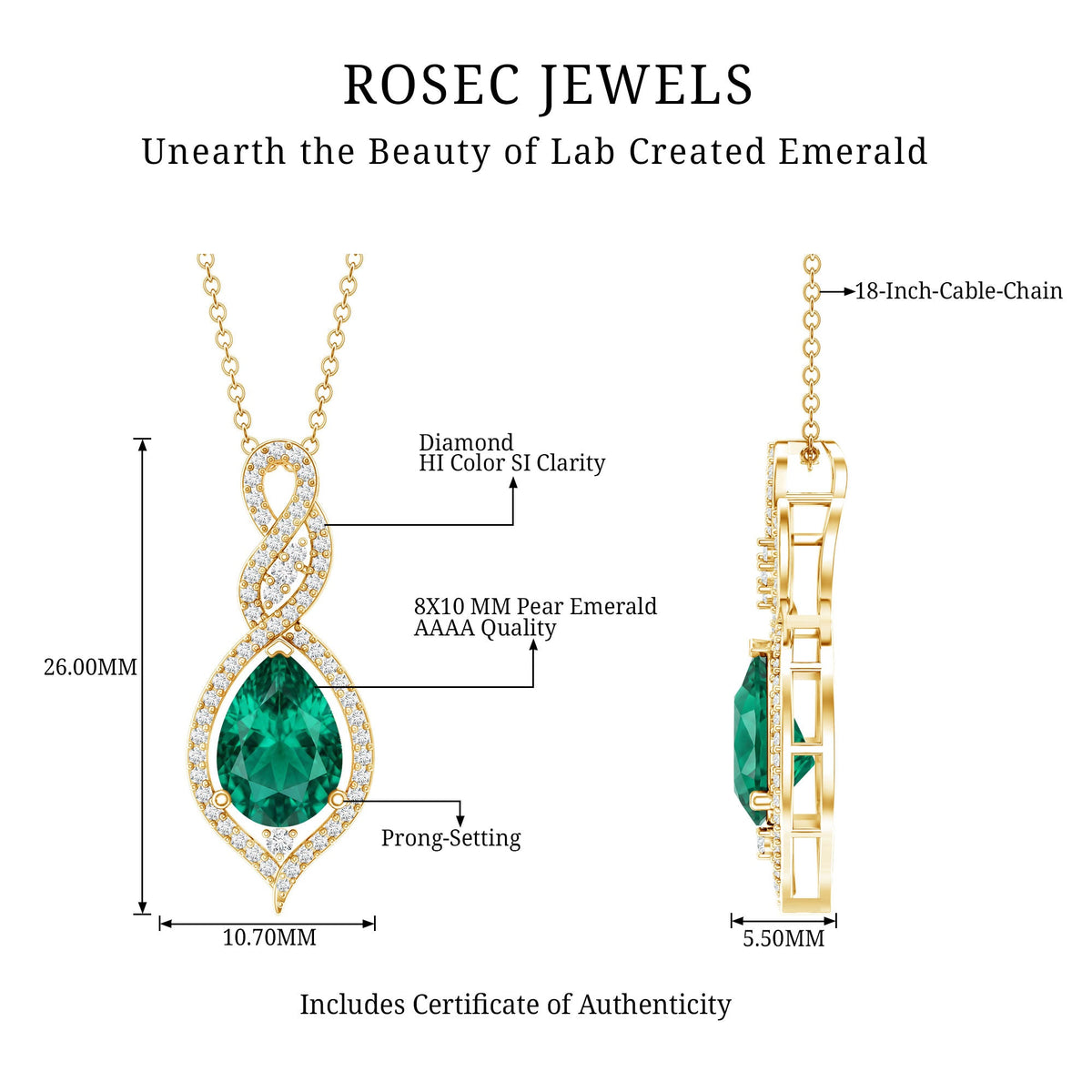 Certified 2.5 Carat Lab Grown Emerald and Diamond Bridal Necklace
