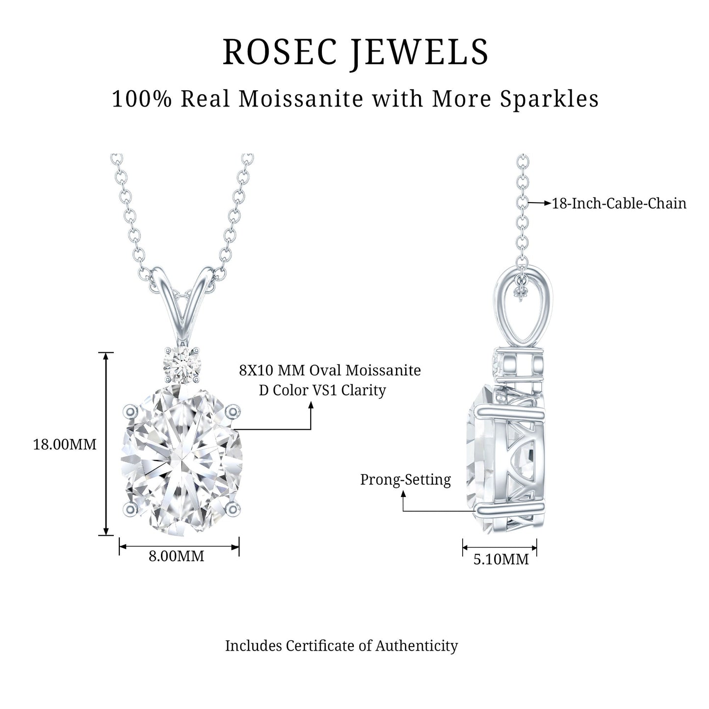 3.5 Carat Oval Moissanite Solitaire Necklace with Silver Chain