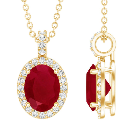 Natural 1.5 Carat Ruby Pendant Necklace with Diamond Halo in Gold Plated Silver