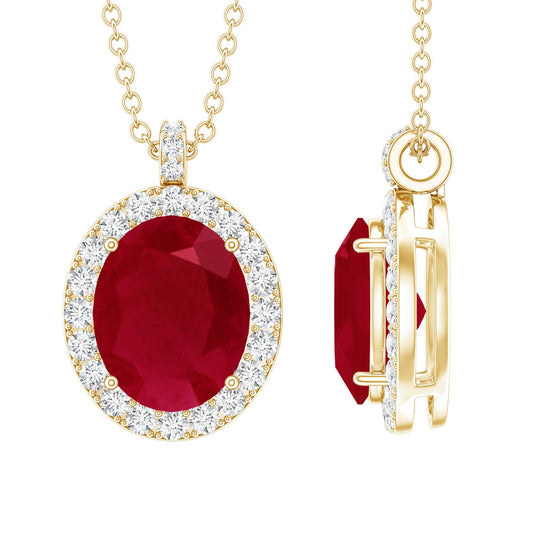 Natural 1.5 Carat Ruby Pendant Necklace with Diamond Halo in Gold Plated Silver