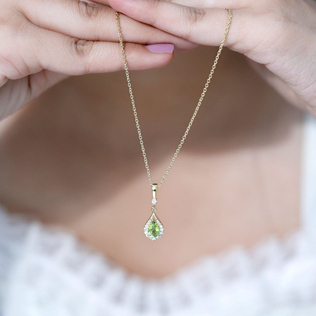 Certified Peridot and Diamond Teardrop Necklace in Gold Plated Silver