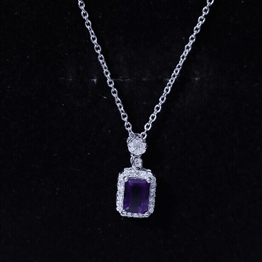 Genuine 1.1 Carat Emerald Cut Amethyst Vintage Necklace with Diamond Halo