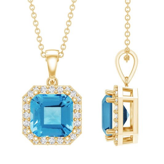 Certified 3 Carat Asscher Cut Swiss Blue Topaz Pendant Necklace with Diamond Halo