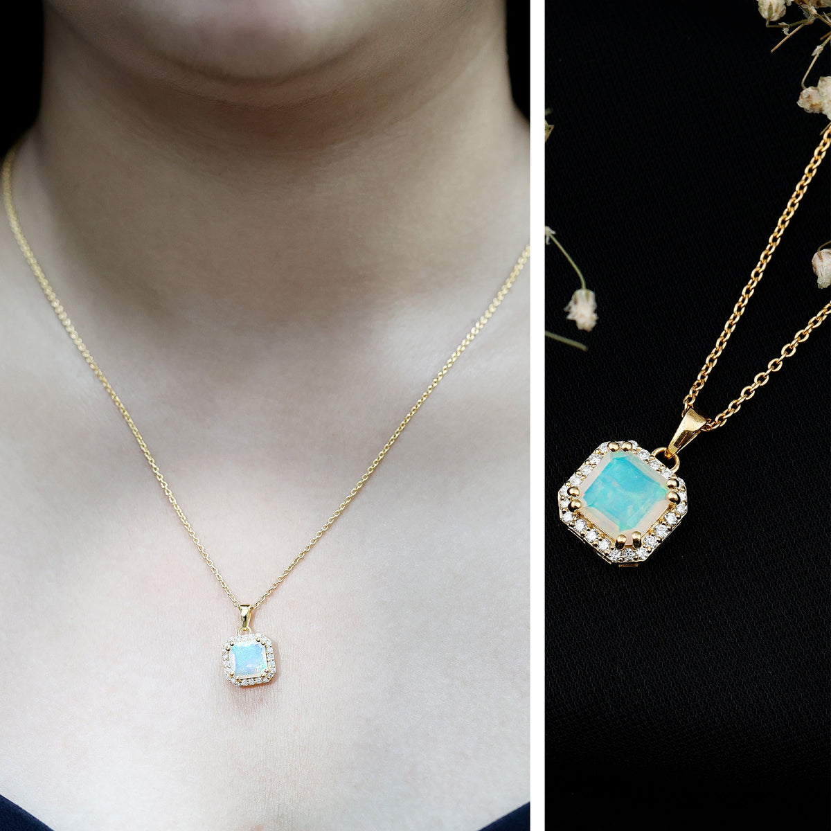1.25 Carat Asscher Cut Ethiopian Opal Necklace with Diamond Halo